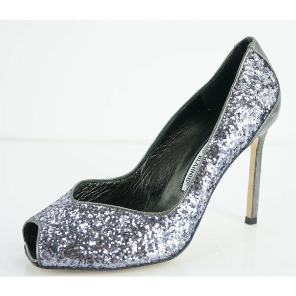 Manolo Blahnik Glitter Fatducabo Peep Toe Heels Pumps Size 37.5 - Picture 1 of 12